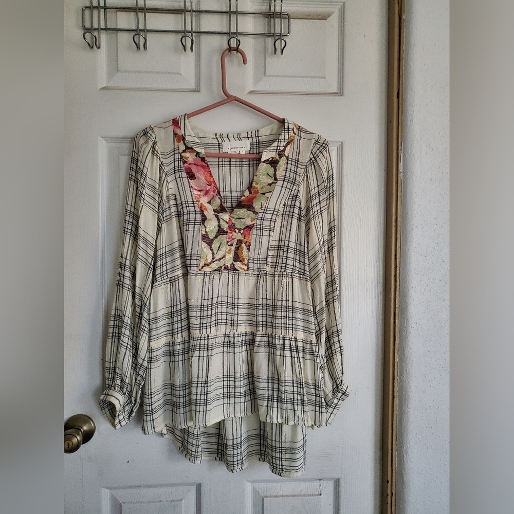Anthropologie By Anthropogie Boho Plaid Loose Sleeves Blouse, Loose Fit, Size S